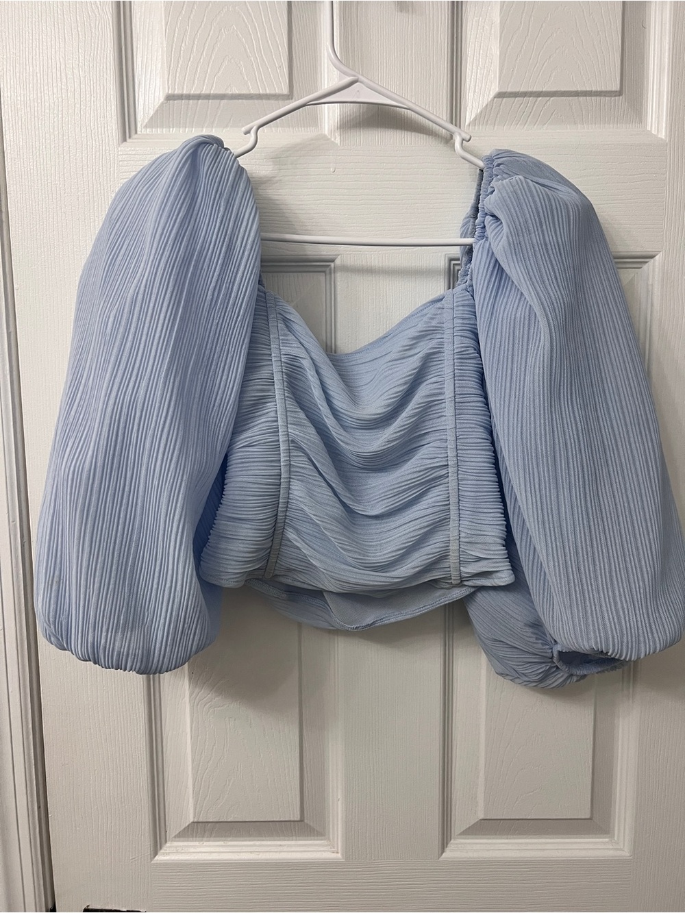 Zara Light Blue Pleated Puff Sleeve Crop Top